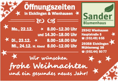 Bild mit den Weihnachts-Öffnungszeiten und Weihnachtsgrüßen